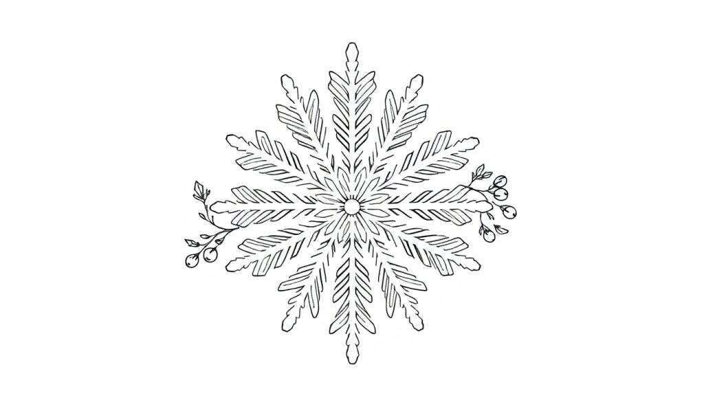 Kleurplaat van een gestileerde sneeuwvlok mandala met acht bladvormige uitlopers en besjestakjes aan de zijkanten, op een witte achtergrond.