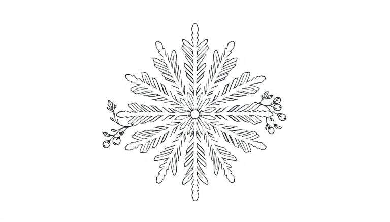 Kleurplaat van een gestileerde sneeuwvlok mandala met acht bladvormige uitlopers en besjestakjes aan de zijkanten, op een witte achtergrond.