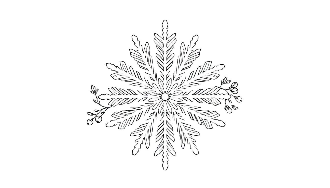 Kleurplaat van een gestileerde sneeuwvlok mandala met acht bladvormige uitlopers en besjestakjes aan de zijkanten, op een witte achtergrond.