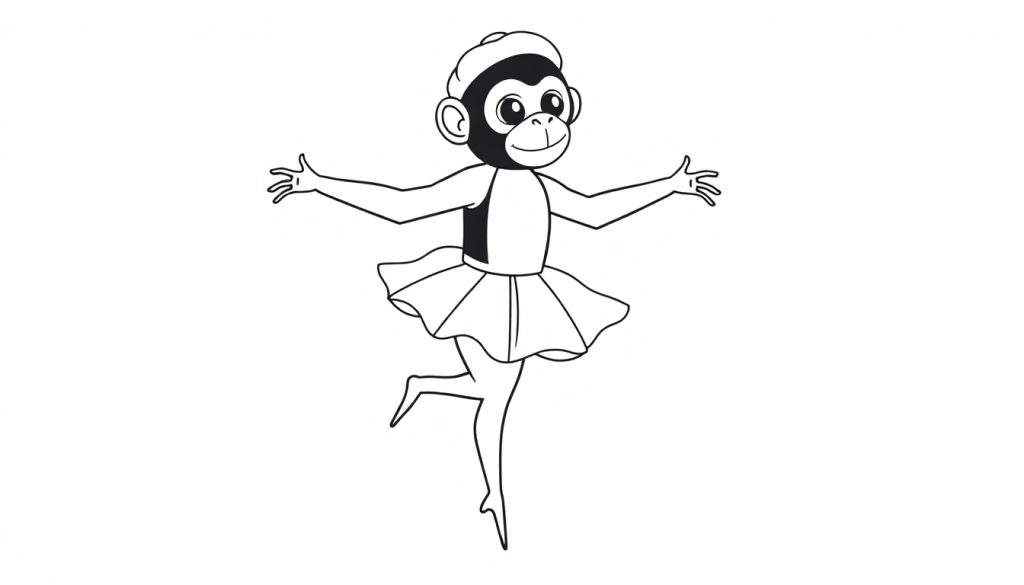 Kleurplaat van een aap in ballerina outfit die danst.
