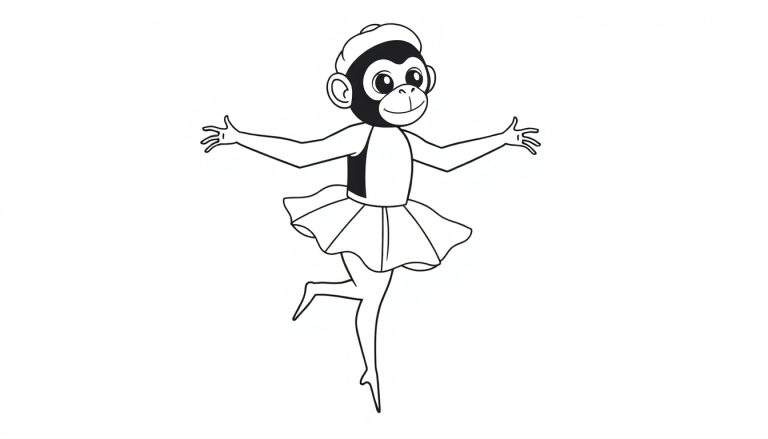 Kleurplaat van een aap in ballerina outfit die danst.
