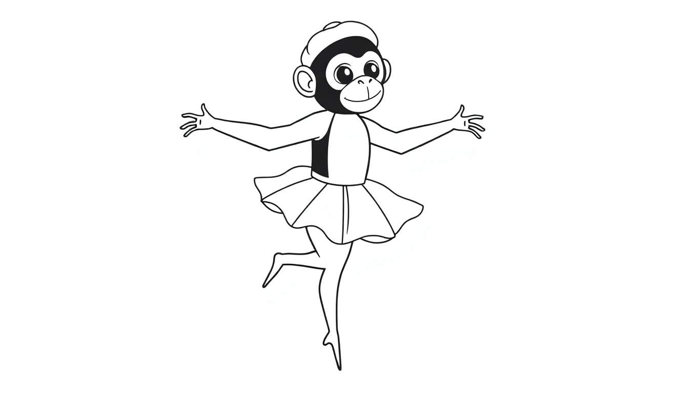 Kleurplaat van een aap in ballerina outfit die danst.