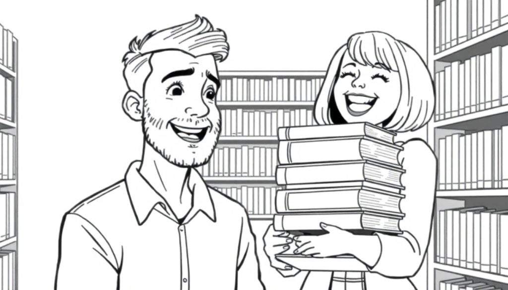 Kleurplaat van een jonge man met baard en kuifje die verrast naar een lachende vrouw met een stapel boeken kijkt in een bibliotheek.