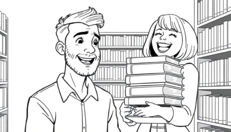 Kleurplaat van een jonge man met baard en kuifje die verrast naar een lachende vrouw met een stapel boeken kijkt in een bibliotheek.