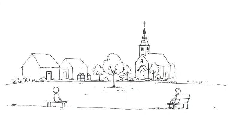 Kleurplaat met een dorpsplein, kerk, huisjes, bomen en twee kinderen op een bankje.