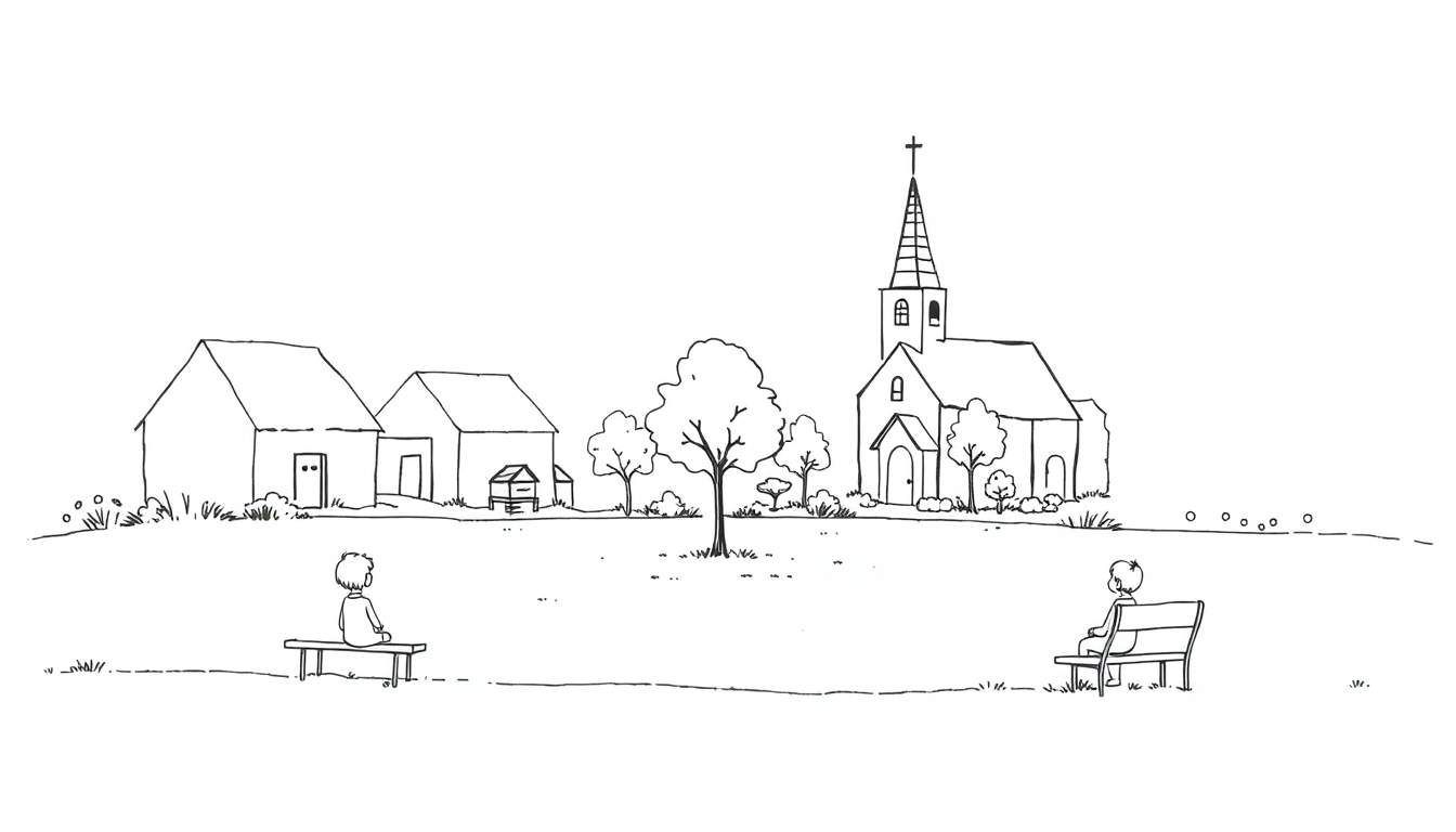 Kleurplaat met een dorpsplein, kerk, huisjes, bomen en twee kinderen op een bankje.