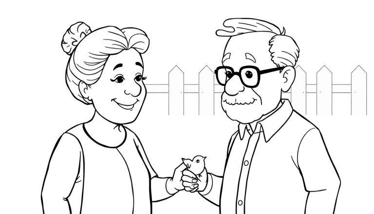 Kleurplaat van een oud echtpaar, man met bril en snor, vrouw met knot, die samen een vogeltje vasthouden bij een tuinhek.