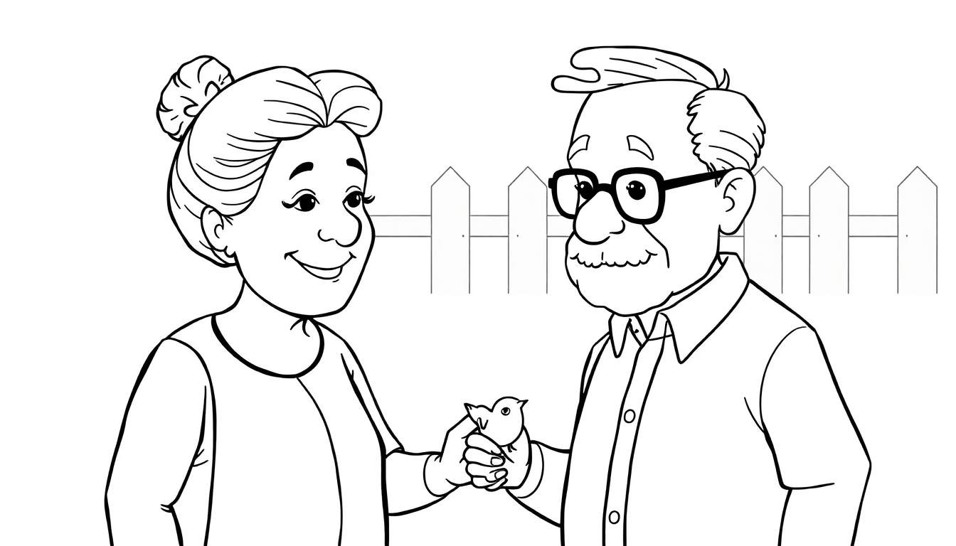 Kleurplaat van een oud echtpaar, man met bril en snor, vrouw met knot, die samen een vogeltje vasthouden bij een tuinhek.