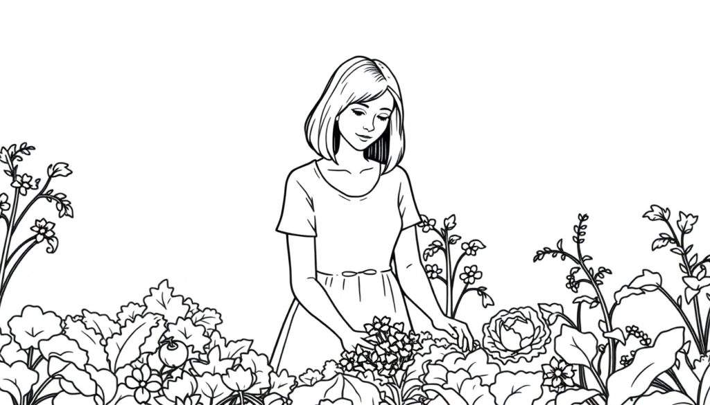 Zwart-wit illustratie van een jonge vrouw met kort haar, gekleed in een jurk, die in een bloemrijke tuin staat omringd door planten en bloemen.