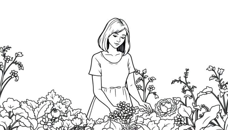 Zwart-wit illustratie van een jonge vrouw met kort haar, gekleed in een jurk, die in een bloemrijke tuin staat omringd door planten en bloemen.