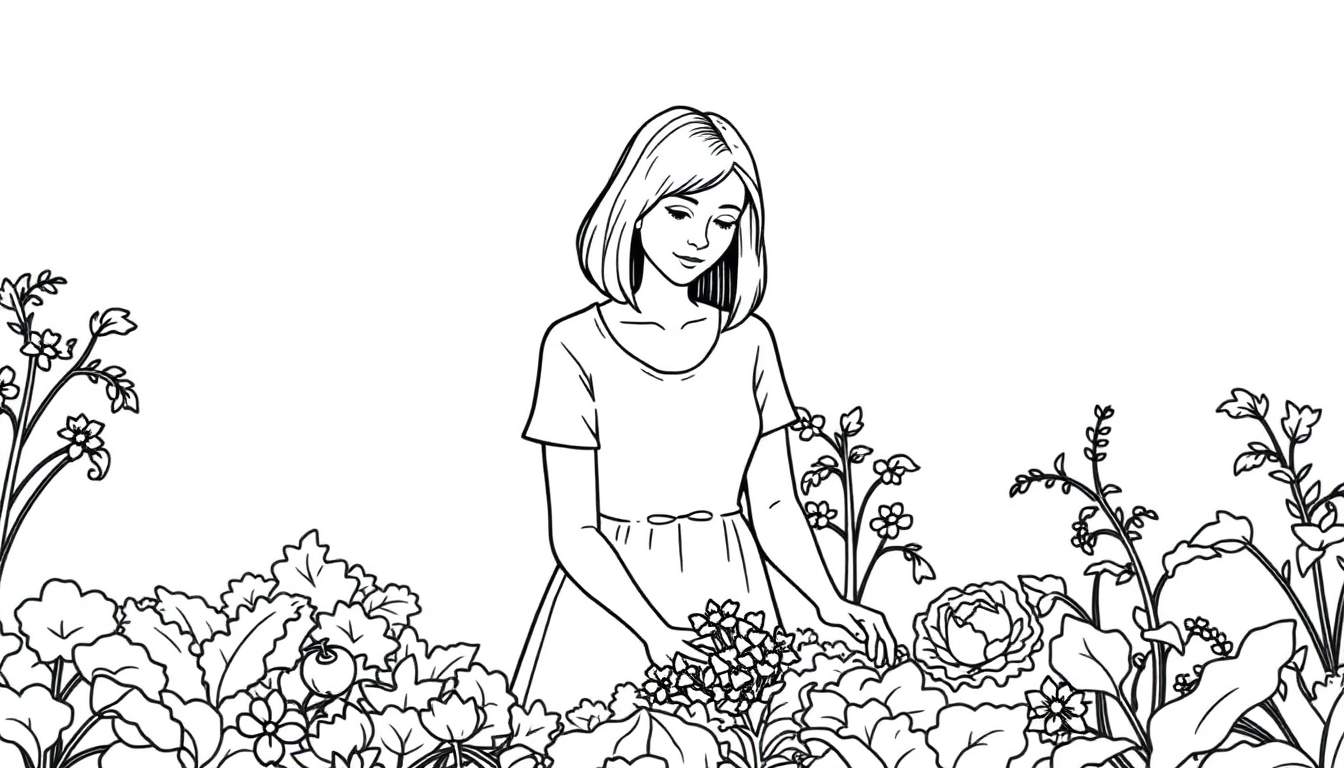 Zwart-wit illustratie van een jonge vrouw met kort haar, gekleed in een jurk, die in een bloemrijke tuin staat omringd door planten en bloemen.