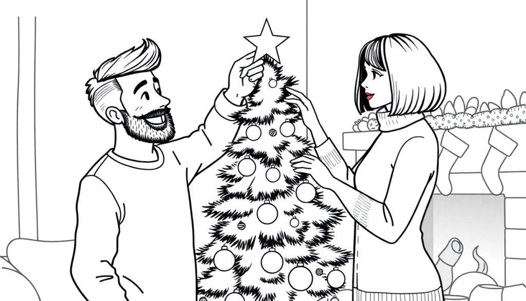 Kleurplaat van een man met baard en kuif en een vrouw met boblijn die samen een kerstboom optuigen, met een open haard en kerstsokken op de achtergrond.