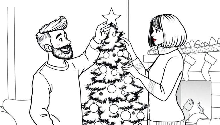 Kleurplaat van een man met baard en kuif en een vrouw met boblijn die samen een kerstboom optuigen, met een open haard en kerstsokken op de achtergrond.