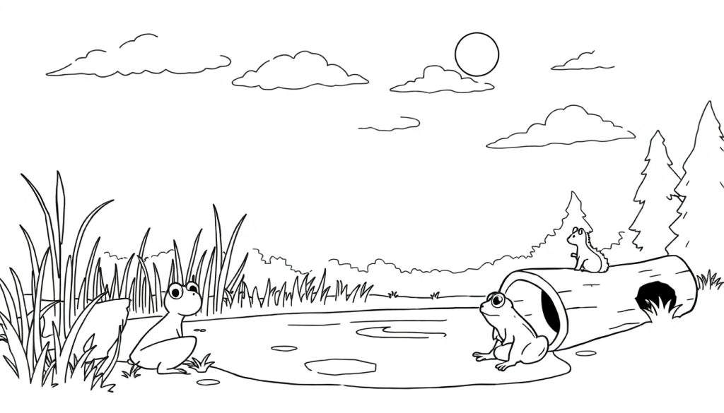 Kleurplaat van een kikker aan de rand van een vijver, met een boomstam waar een eekhoorntje op zit, en wolken en zon in de lucht.