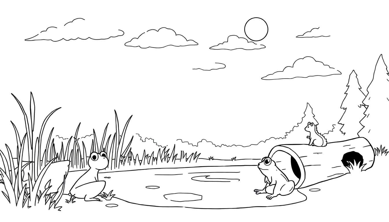 Kleurplaat van een kikker aan de rand van een vijver, met een boomstam waar een eekhoorntje op zit, en wolken en zon in de lucht.