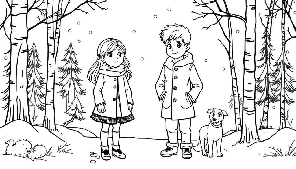 Gedetailleerde, niet-ingekleurde kleurplaat van een meisje met jurk en jas, een jongen met warme jas en een hond die in de sneeuw in een bos staan, met bomen, dennenbomen en lichte sneeuwval op de achtergrond. Twee kleine harige dieren liggen in de sneeuw aan de linkerkant.