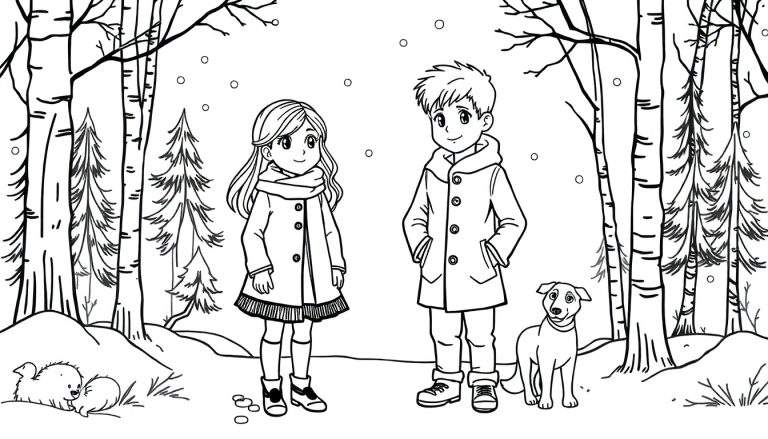 Gedetailleerde, niet-ingekleurde kleurplaat van een meisje met jurk en jas, een jongen met warme jas en een hond die in de sneeuw in een bos staan, met bomen, dennenbomen en lichte sneeuwval op de achtergrond. Twee kleine harige dieren liggen in de sneeuw aan de linkerkant.