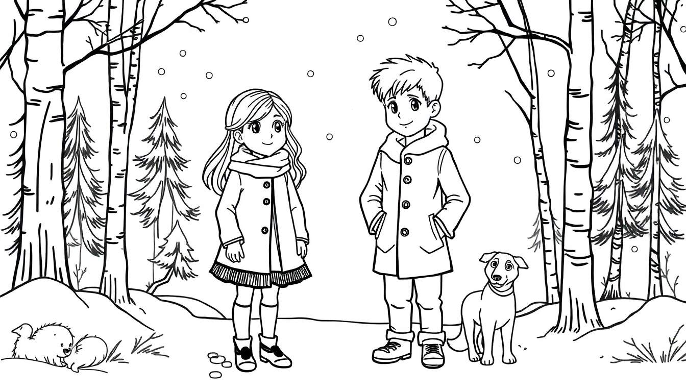 Gedetailleerde, niet-ingekleurde kleurplaat van een meisje met jurk en jas, een jongen met warme jas en een hond die in de sneeuw in een bos staan, met bomen, dennenbomen en lichte sneeuwval op de achtergrond. Twee kleine harige dieren liggen in de sneeuw aan de linkerkant.