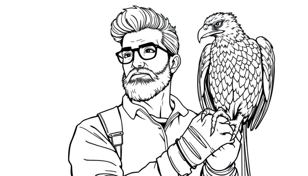 Zwart-wit tekening van een man met baard en bril, die een roofvogel op zijn hand heeft. Hij draagt een overhemd met bretels en handschoenen.