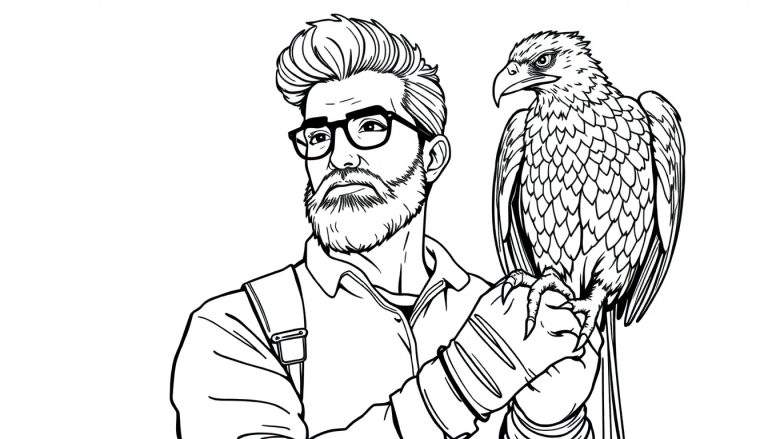 Zwart-wit tekening van een man met baard en bril, die een roofvogel op zijn hand heeft. Hij draagt een overhemd met bretels en handschoenen.