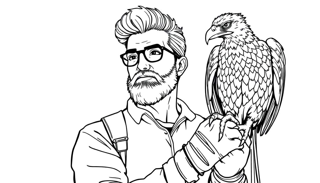 Zwart-wit tekening van een man met baard en bril, die een roofvogel op zijn hand heeft. Hij draagt een overhemd met bretels en handschoenen.