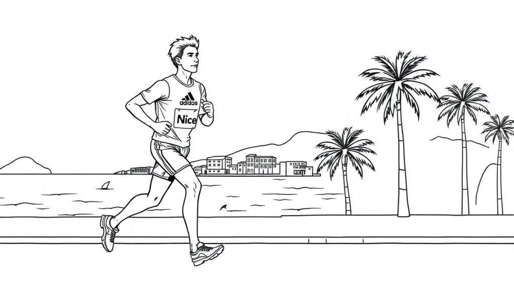 Kleurplaat van een hardloper in Nice met Adidas kleding, palmbomen, zee, gebouwen en bergen op de achtergrond.