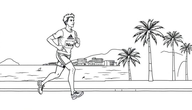Kleurplaat van een hardloper in Nice met Adidas kleding, palmbomen, zee, gebouwen en bergen op de achtergrond.