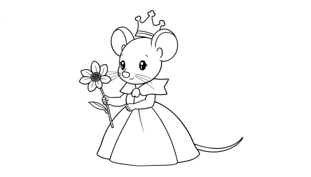 Kleurplaat van een muis met een prinsessenjurk en kroon, die een bloem vasthoudt.