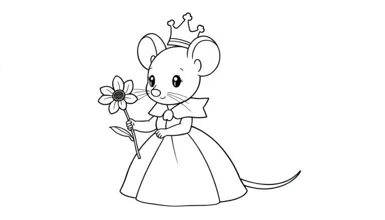 Kleurplaat van een muis met een prinsessenjurk en kroon, die een bloem vasthoudt.