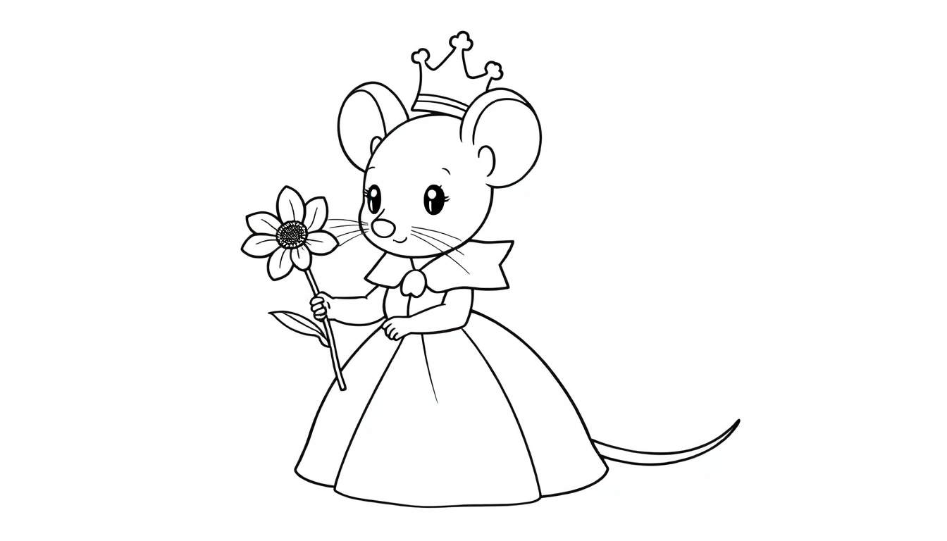 Kleurplaat van een muis met een prinsessenjurk en kroon, die een bloem vasthoudt.