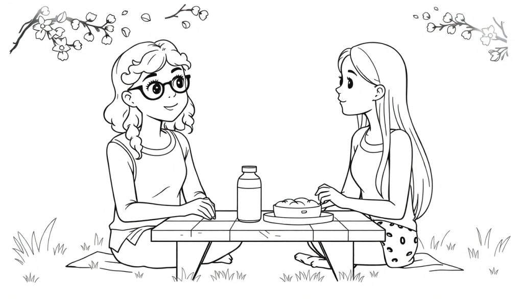 Kleurplaat van twee meisjes die picknicken, één met een bril en krullend haar, de ander met steil haar, onder bloesemtakken.