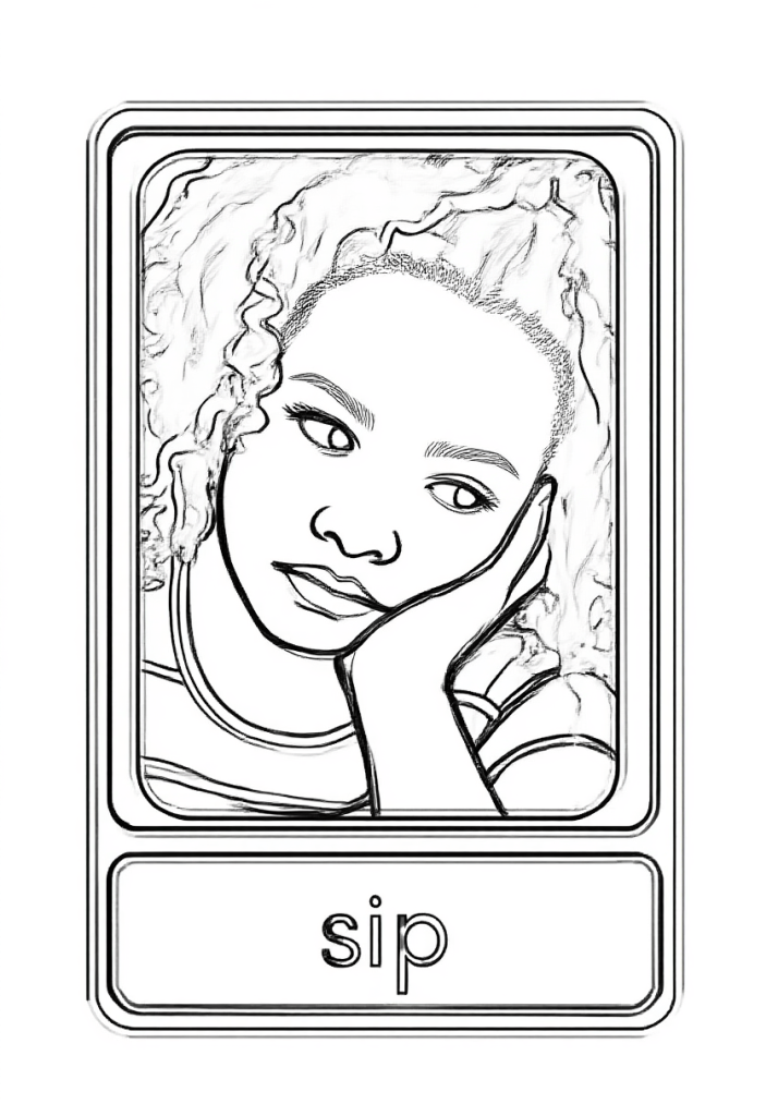 Kleurplaat van een jong meisje met krullend haar en een sip gezichtsuitdrukking, leunend op haar hand en dragend een gestreept shirt.