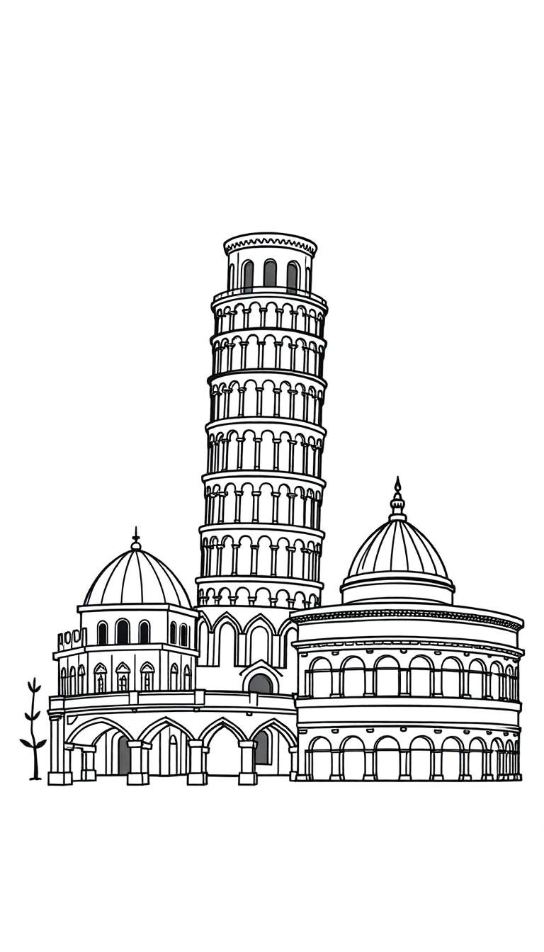 Zwart-wit schematische tekening van de Toren van Pisa met bogen en koepels, inclusief een klein plantje.