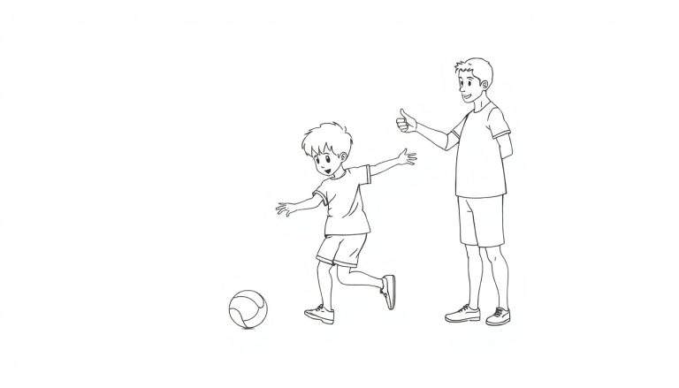 Zwart-wit tekening van twee jongens buiten op een veld, voetballend. De ene jongen maakt een 'duim omhoog' gebaar, de andere bereidt zich voor om de bal te schoppen.