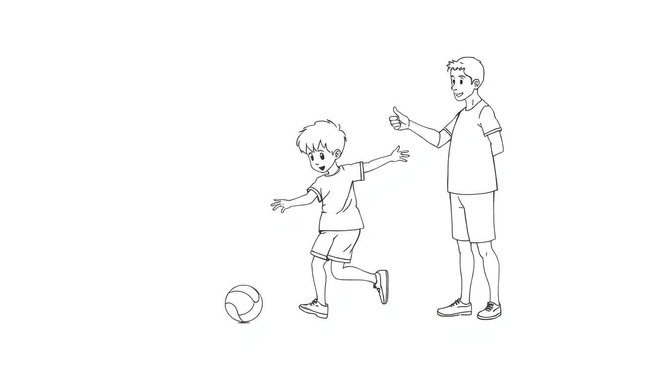 Zwart-wit tekening van twee jongens buiten op een veld, voetballend. De ene jongen maakt een 'duim omhoog' gebaar, de andere bereidt zich voor om de bal te schoppen.