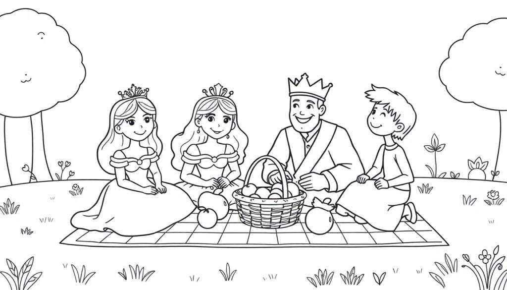 Kleurplaat van een koninklijke familie die picknickt in een park met een mand met fruit.