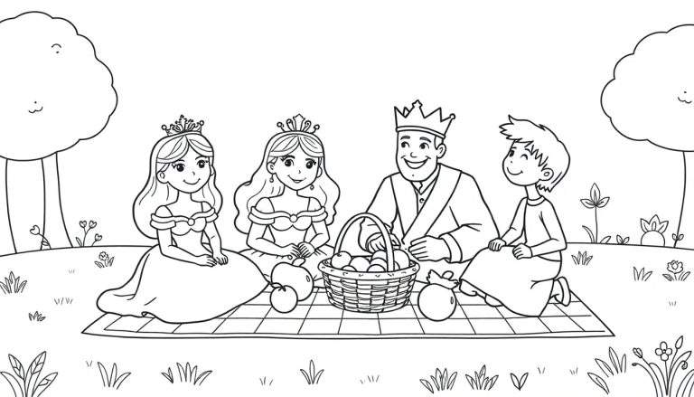 Kleurplaat van een koninklijke familie die picknickt in een park met een mand met fruit.