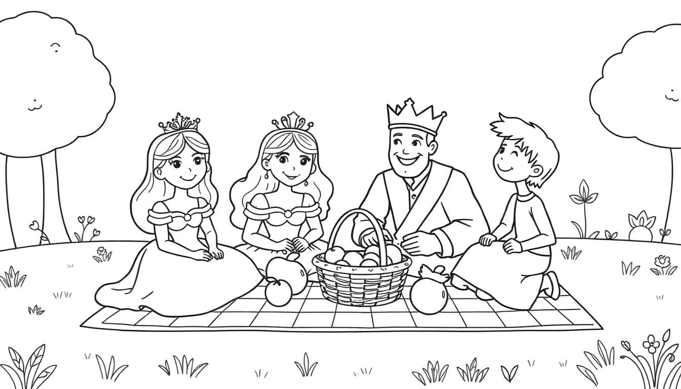 Kleurplaat van een koninklijke familie die picknickt in een park met een mand met fruit.