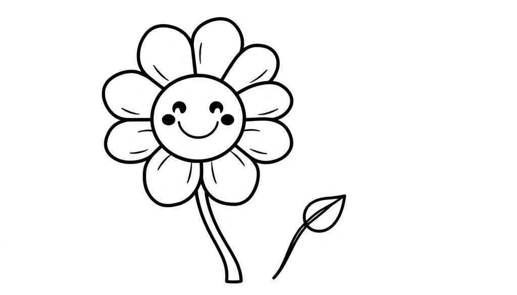 Zwart-wit cartoon kleurplaat van een vrolijke bloem met acht blaadjes en een extra blaadje ernaast.