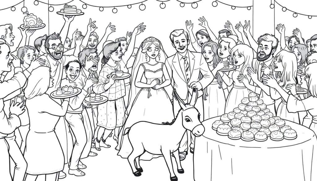 Kleurplaat van een bruidspaar tijdens hun bruiloft, omringd door feestende gasten, slingers met lampjes, een gebakstoren en een ezel.