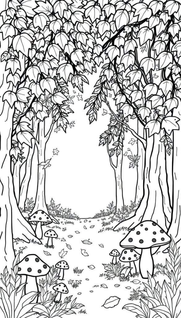 Kleurplaat van een sprookjesachtig herfstbos met grote bomen, een pad vol met paddenstoelen en vallende herfstbladeren.