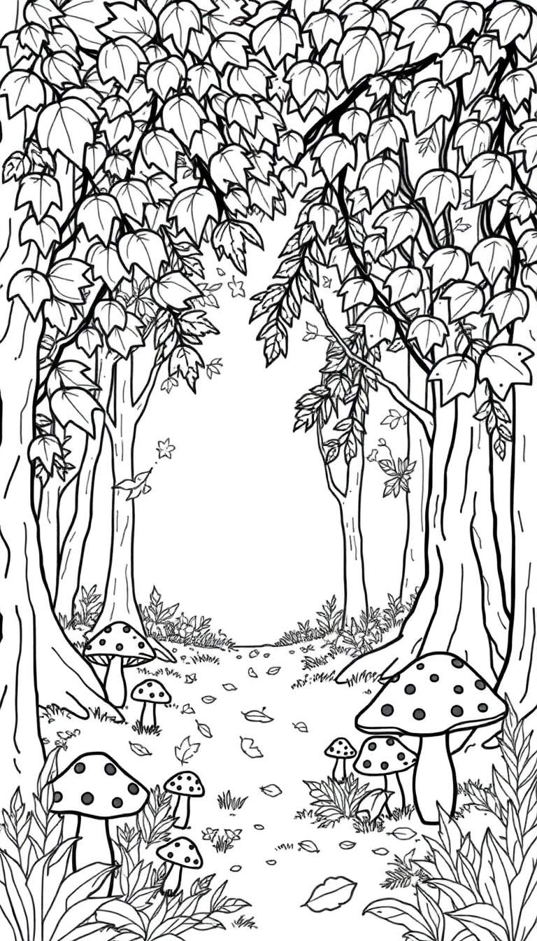 Kleurplaat van een sprookjesachtig herfstbos met grote bomen, een pad vol met paddenstoelen en vallende herfstbladeren.