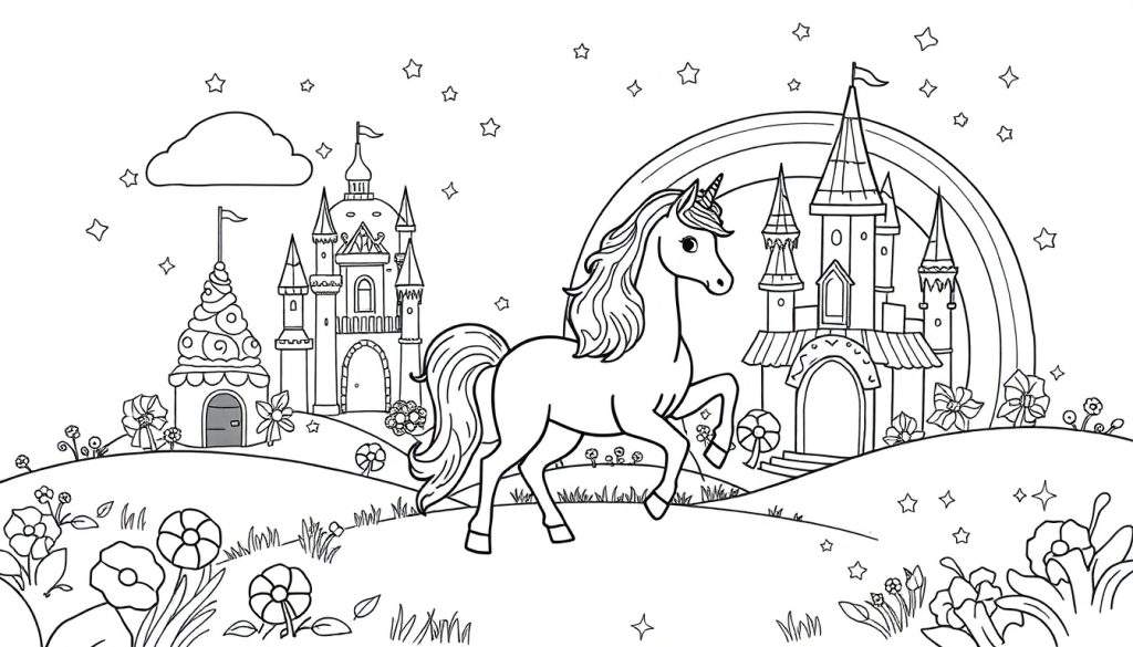 Kleurplaat van een witte eenhoorn met golvende manen en staart, rennend op een heuvelachtig landschap met sprookjeskastelen, een regenboog, sterren en bloemen.