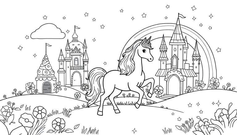 Kleurplaat van een witte eenhoorn met golvende manen en staart, rennend op een heuvelachtig landschap met sprookjeskastelen, een regenboog, sterren en bloemen.
