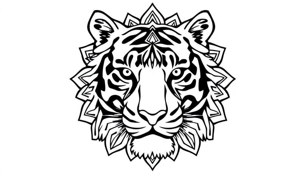 Zwart-witte kleurplaat van een gestileerde tijgerkop in het midden, omringd door een mandala-achtig patroon met scherpe lijnen.
