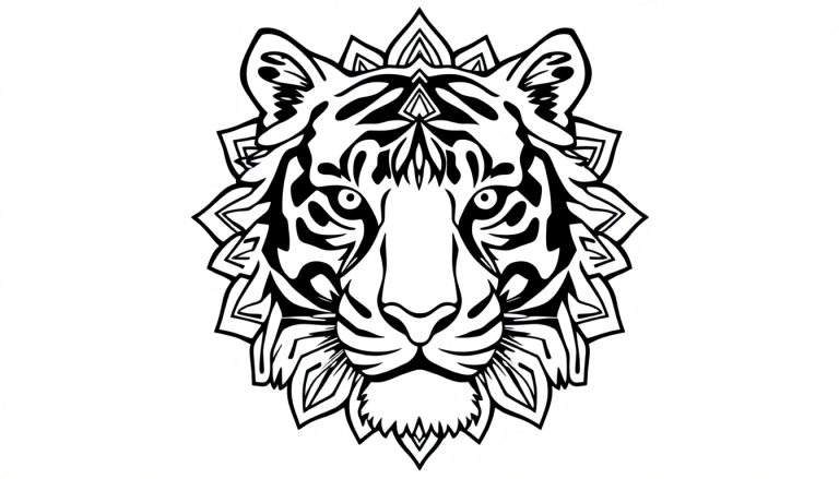 Zwart-witte kleurplaat van een gestileerde tijgerkop in het midden, omringd door een mandala-achtig patroon met scherpe lijnen.