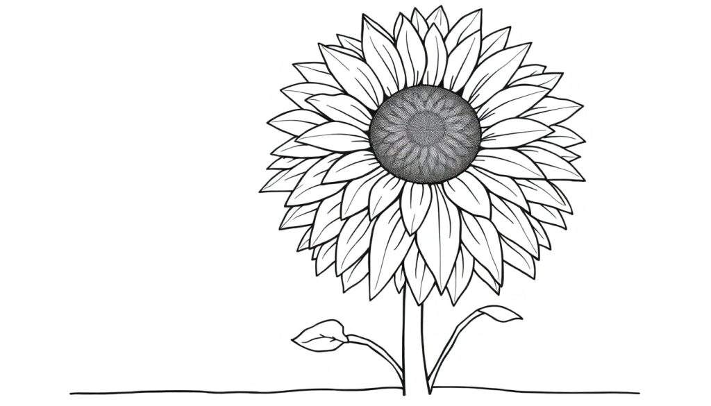 Gestileerde zonnebloem kleurplaat in zwart-wit, met open bloemblaadjes en een gedetailleerd hart, op witte achtergrond met grondlijn.