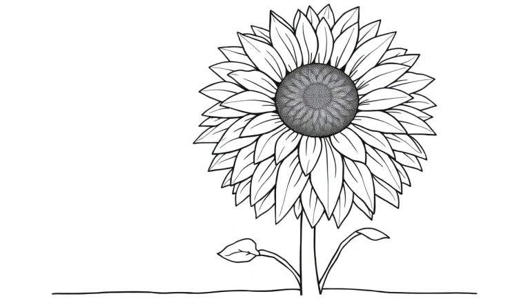 Gestileerde zonnebloem kleurplaat in zwart-wit, met open bloemblaadjes en een gedetailleerd hart, op witte achtergrond met grondlijn.