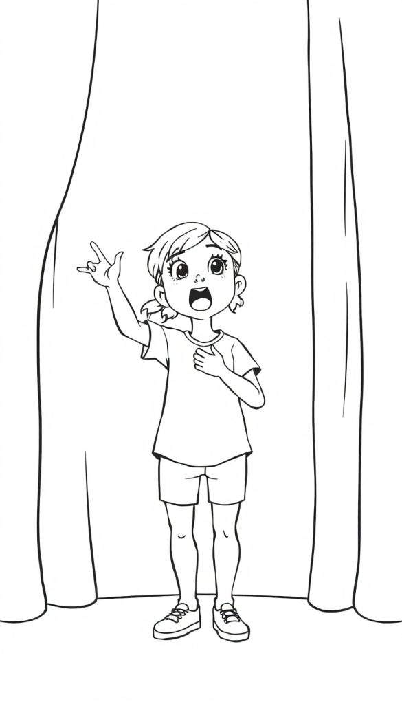 Een meisje met een grote glimlach en dramatische pose, duidelijk aan het acteren op een denkbeeldig podium, klaar om ingekleurd te worden.