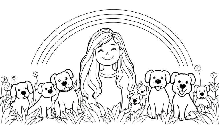 Zwart-wit kleurplaat van een lachend meisje met lang haar dat tussen veel verschillende honden staat in een tuin met bloemen, gras en een regenboog.